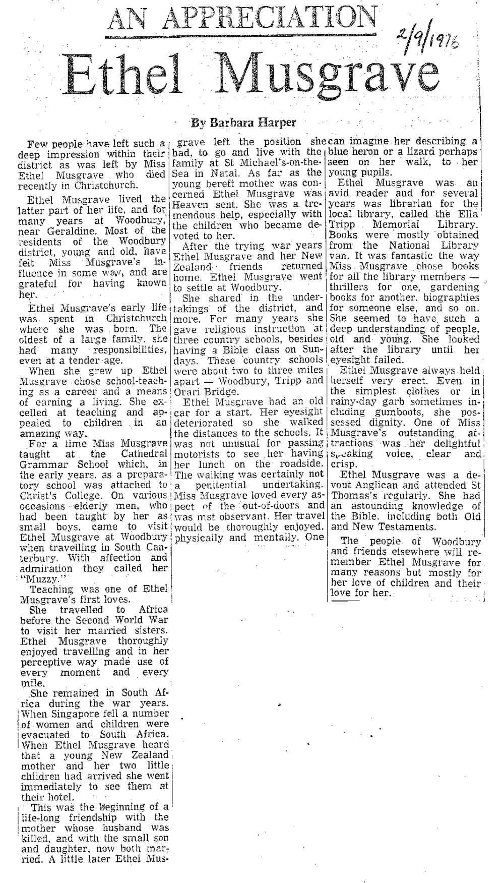 Obituary: Ethel Musgrave, An appreciation