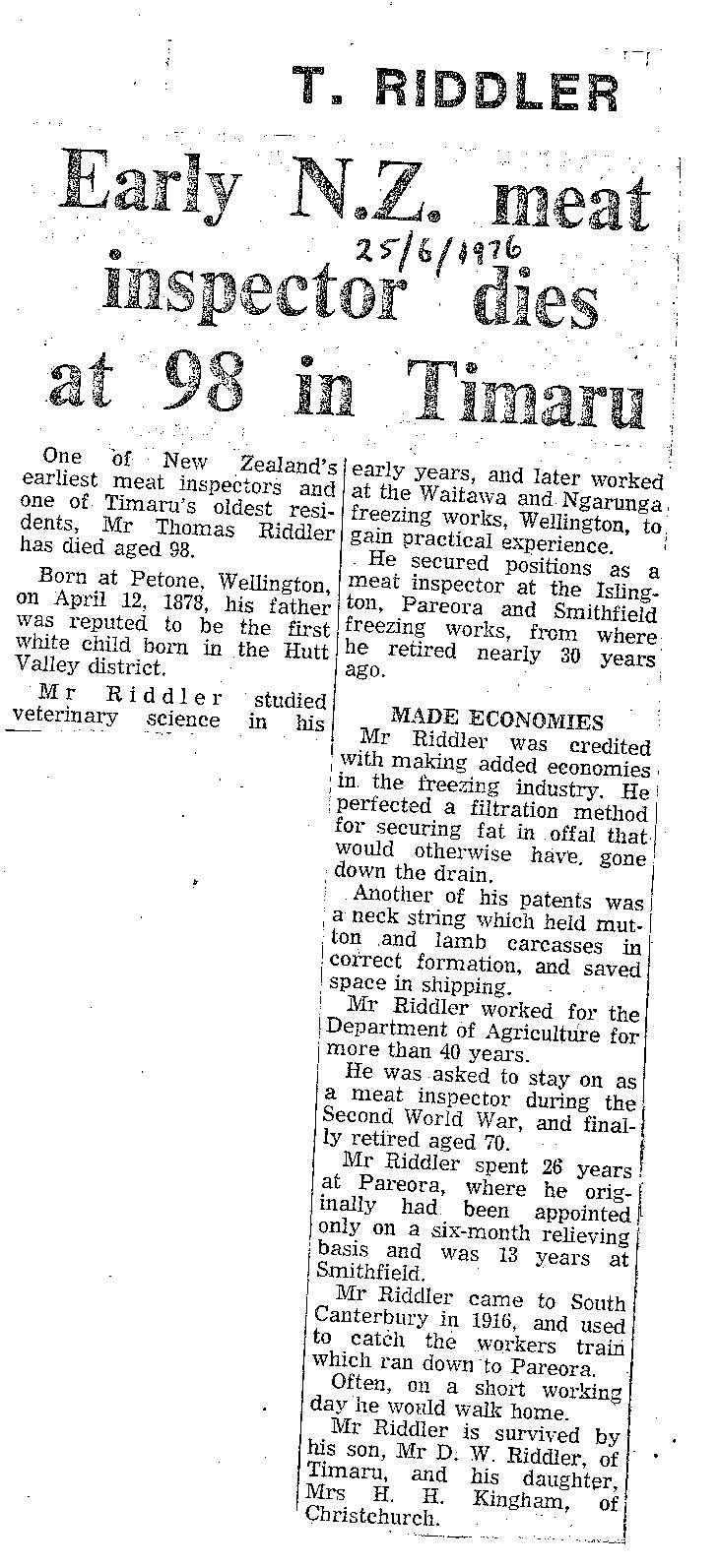 Obituary: Mr T Riddler, Early NZ meat inspector dies at 98 in Timaru