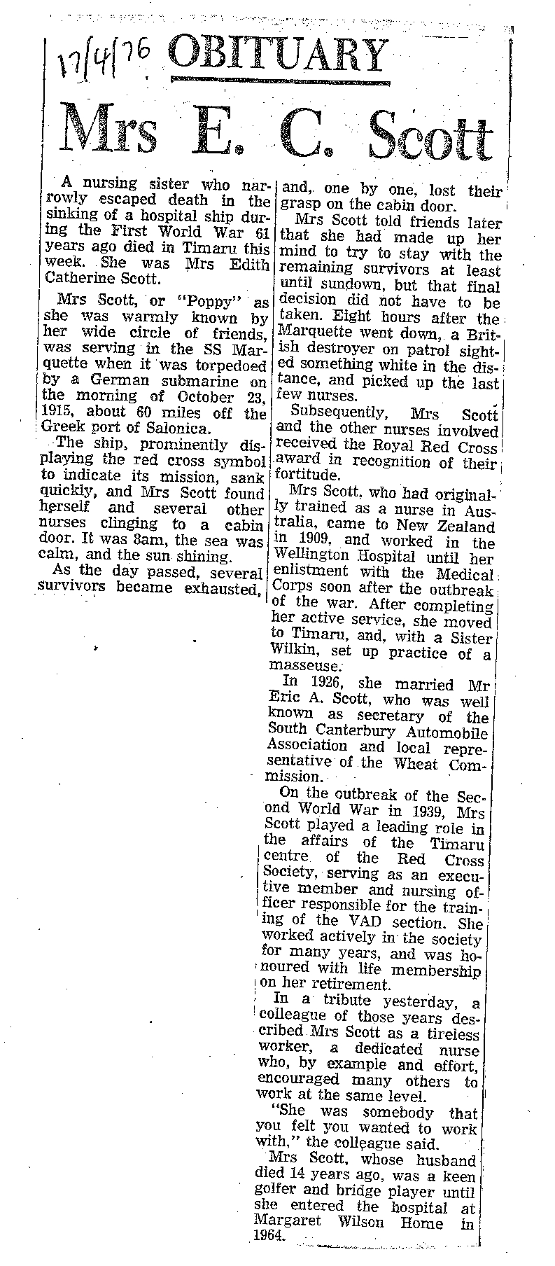 Obituary: Mrs E C Scott