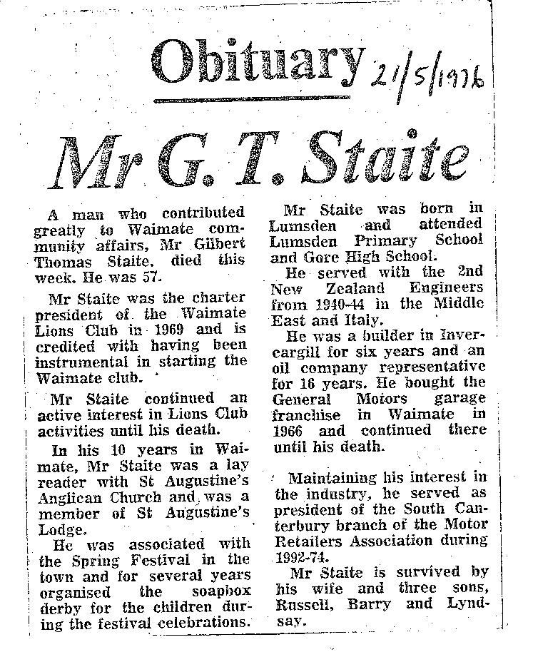 Obituary: Mr G T Staite