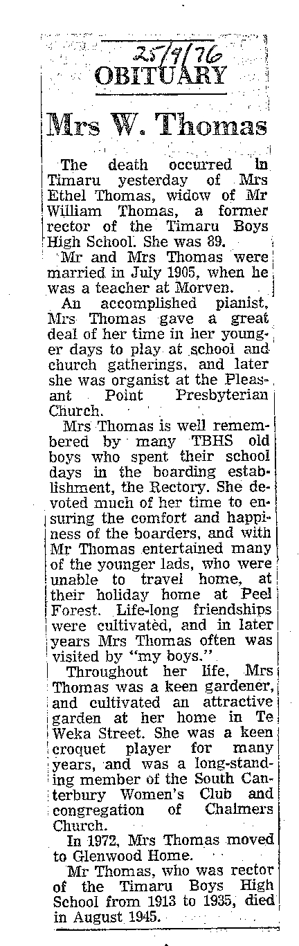 Obituary: Mrs W Thomas