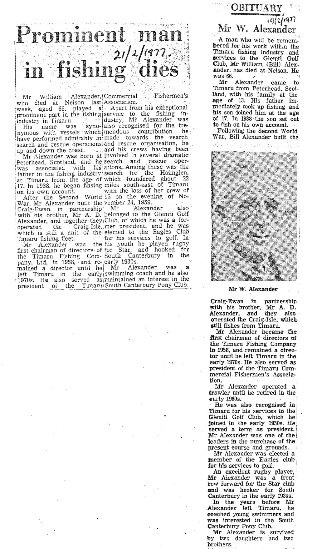 Obituary: Mr W Alexander, Prominent man in fishing dies