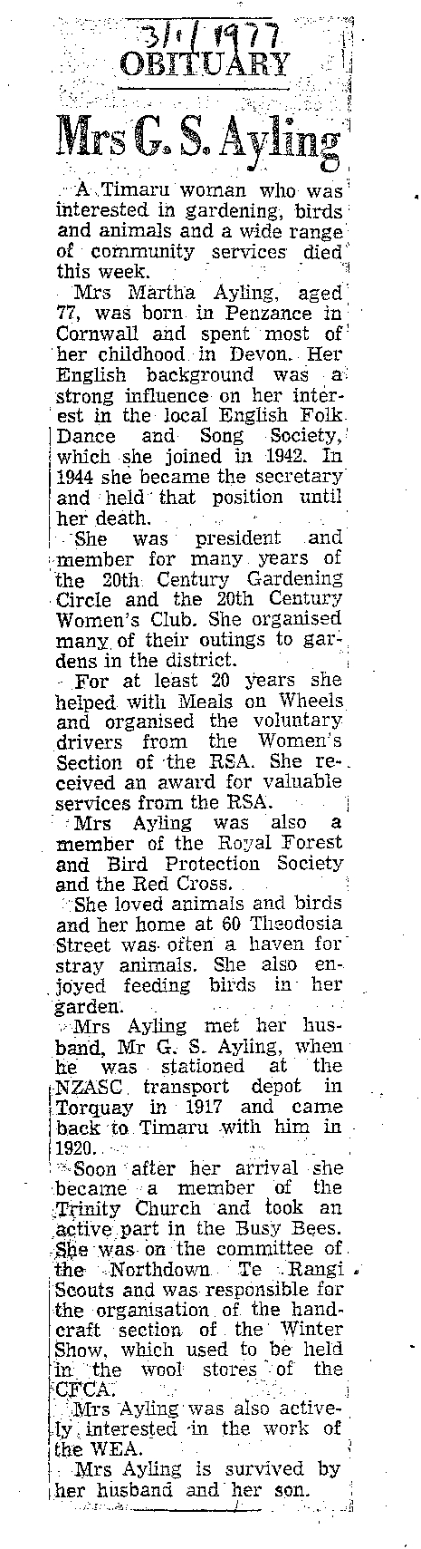 Obituary: Mrs G S Ayling