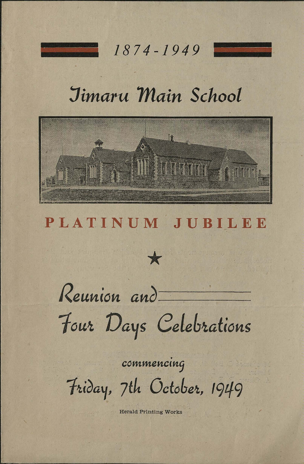 Timaru Main School Platinum Jubilee programme