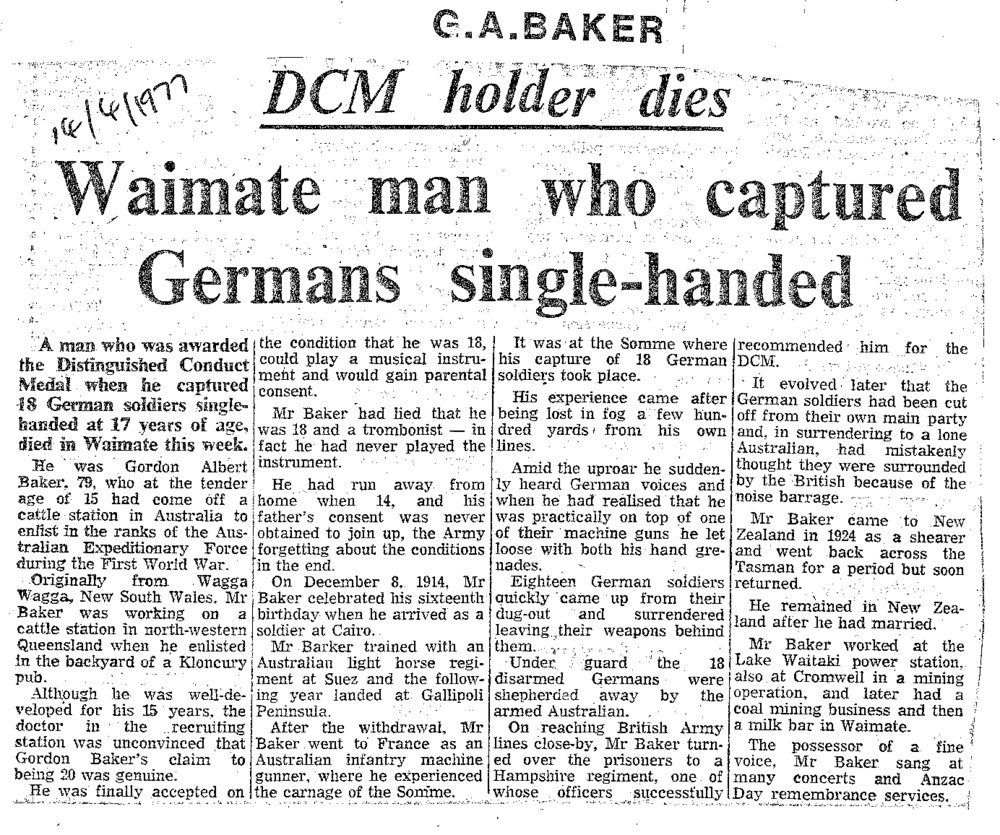 Obituary: G A Baker, DCM holder dies, Waimate man who captured Germans single-handed