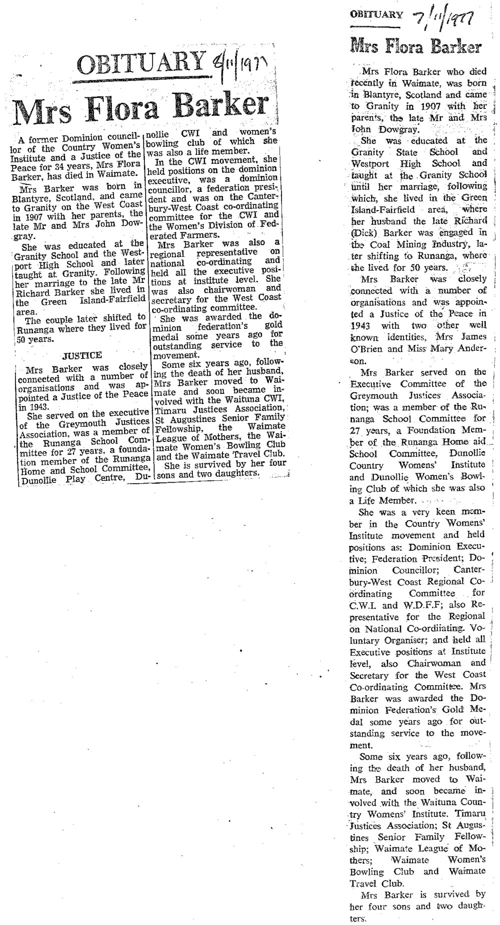 Obituary: Mrs Flora Barker