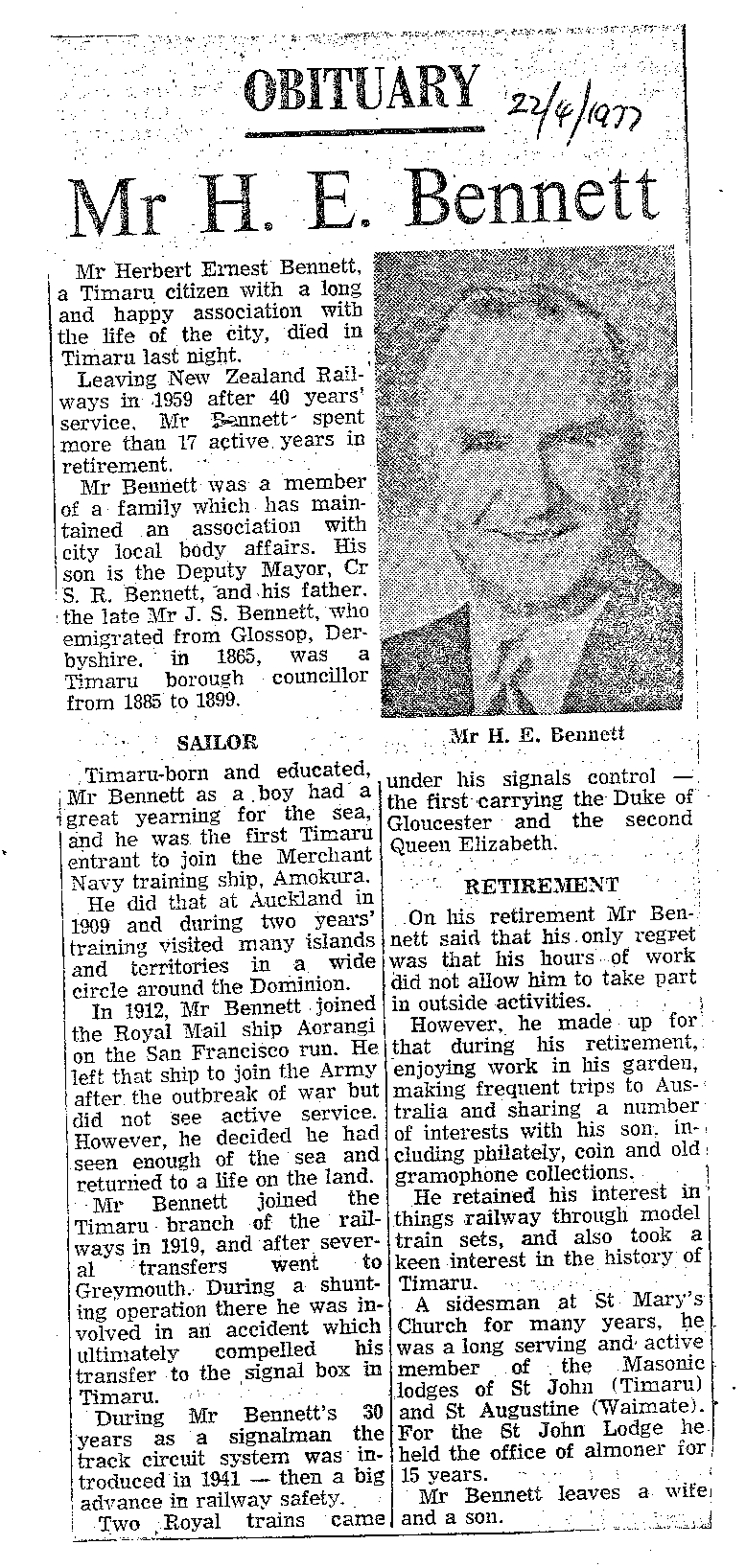 Obituary: Mr H E Bennett
