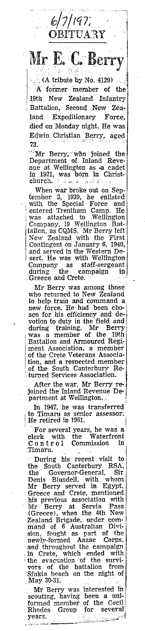 Obituary: Mr E C Berry