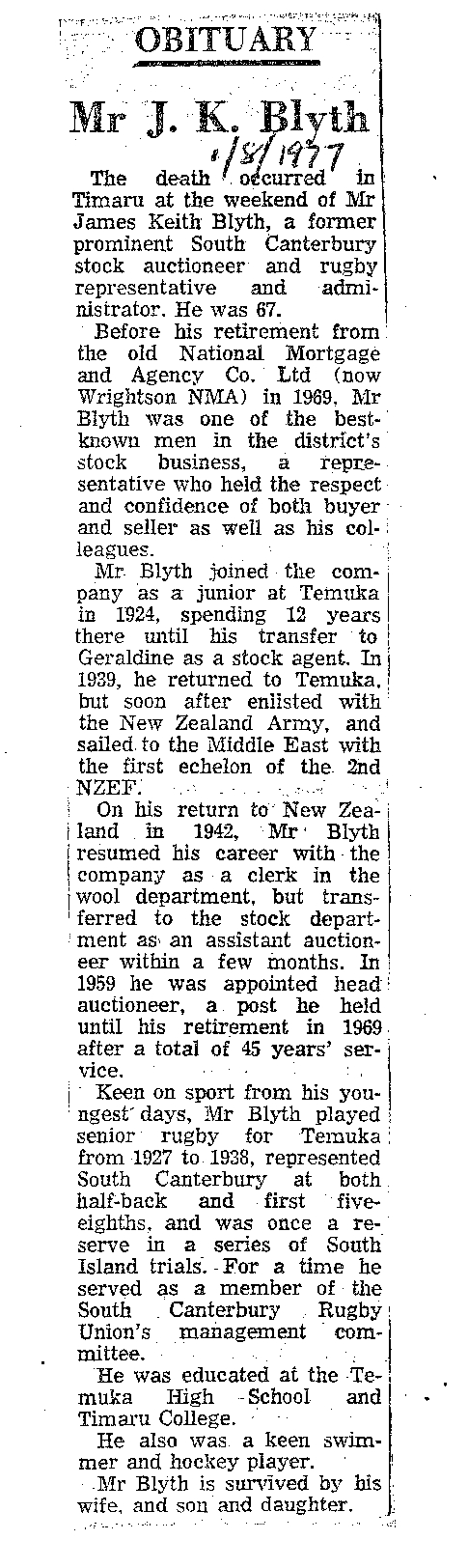 Obituary: Mr J K Blyth