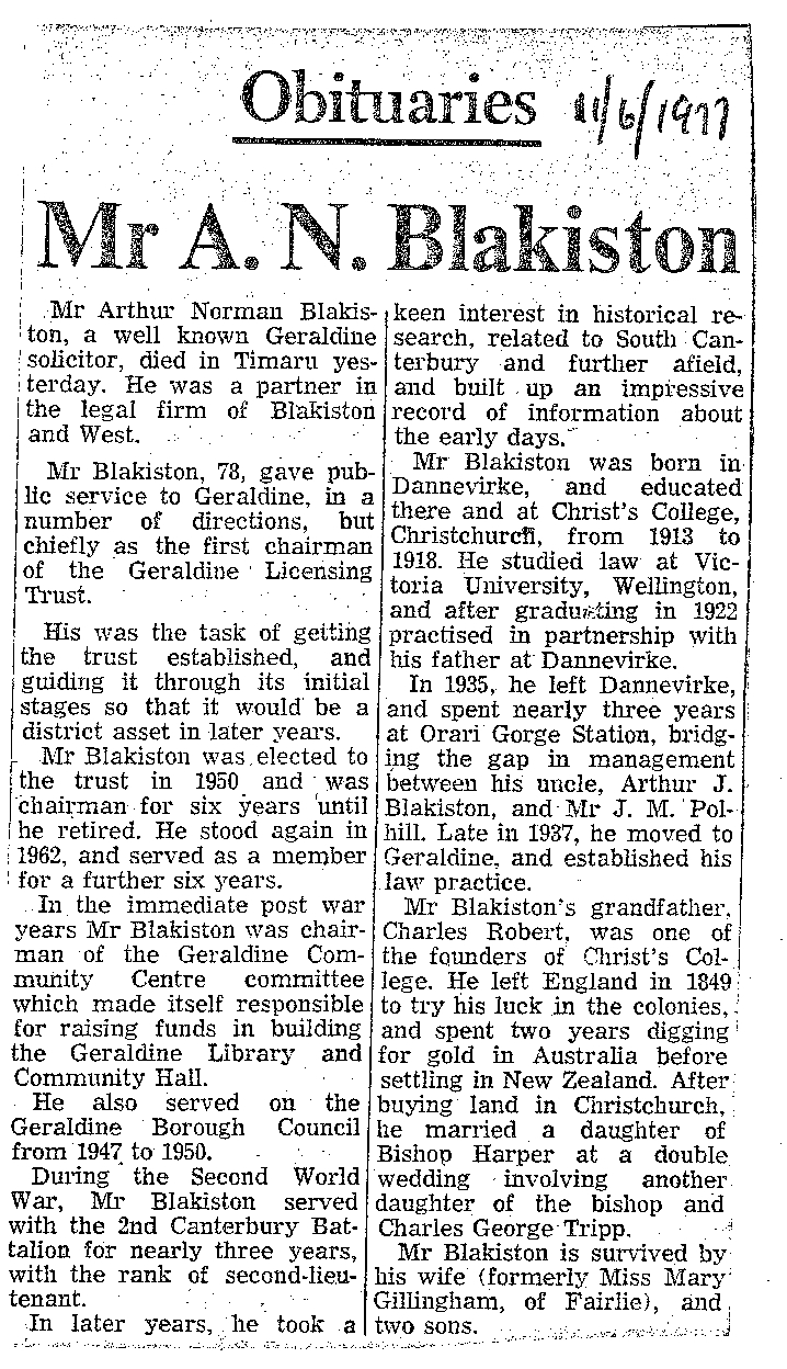 Obituary: Mr A N Blakiston