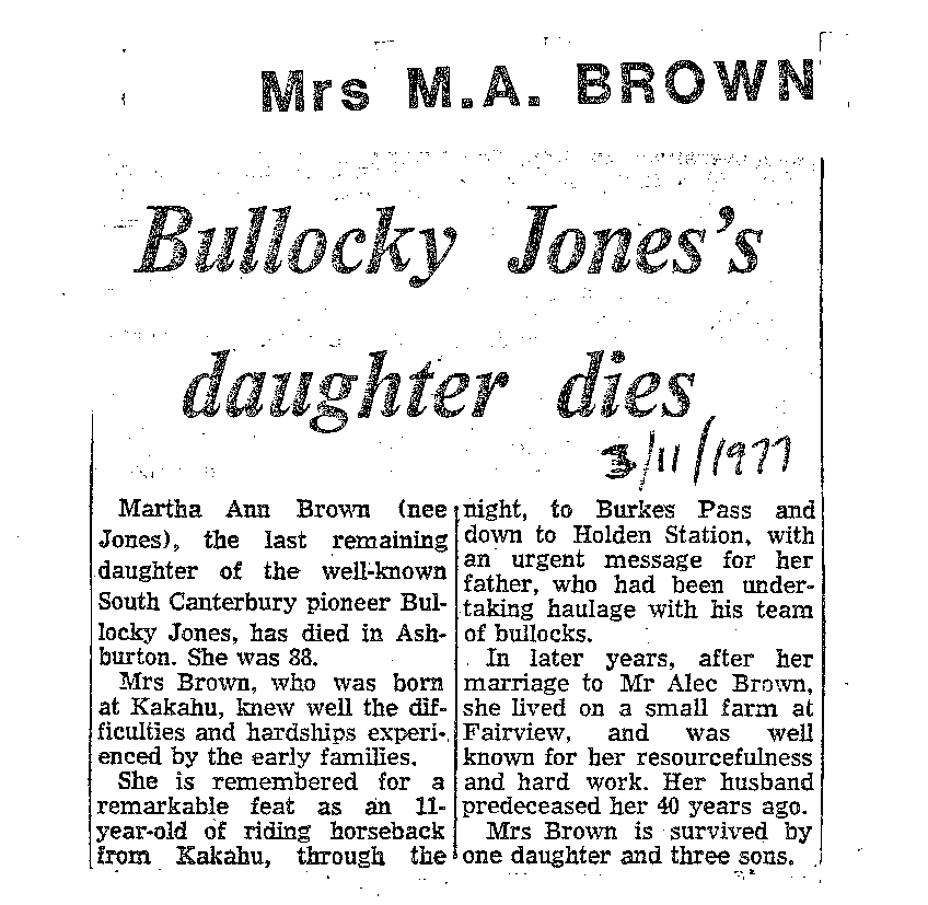 Obituary: Mrs M A Brown, Bullocky Jones's daughter dies