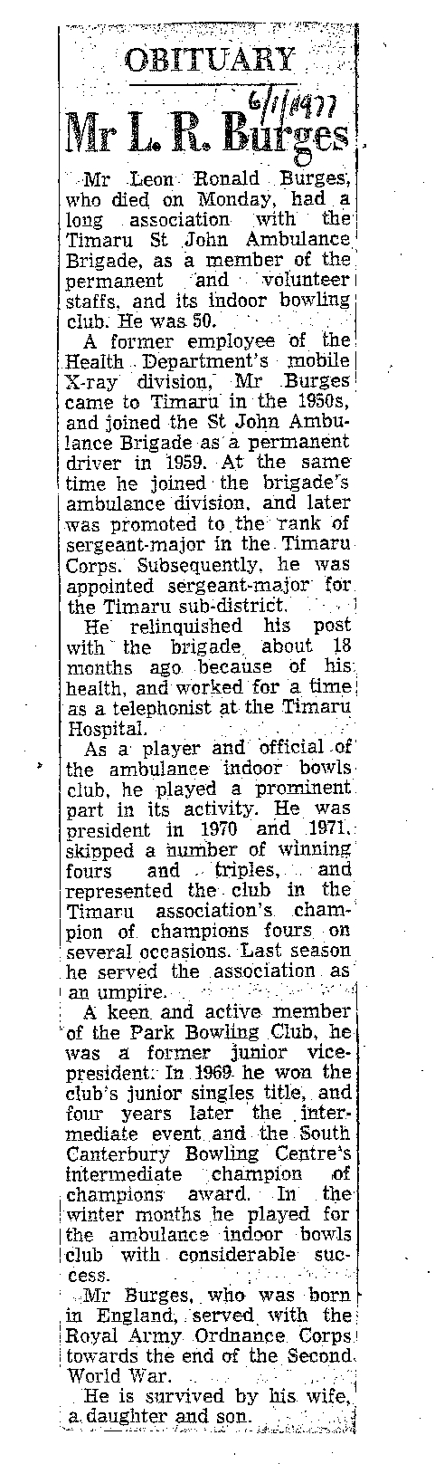 Obituary: Mr L R Burges