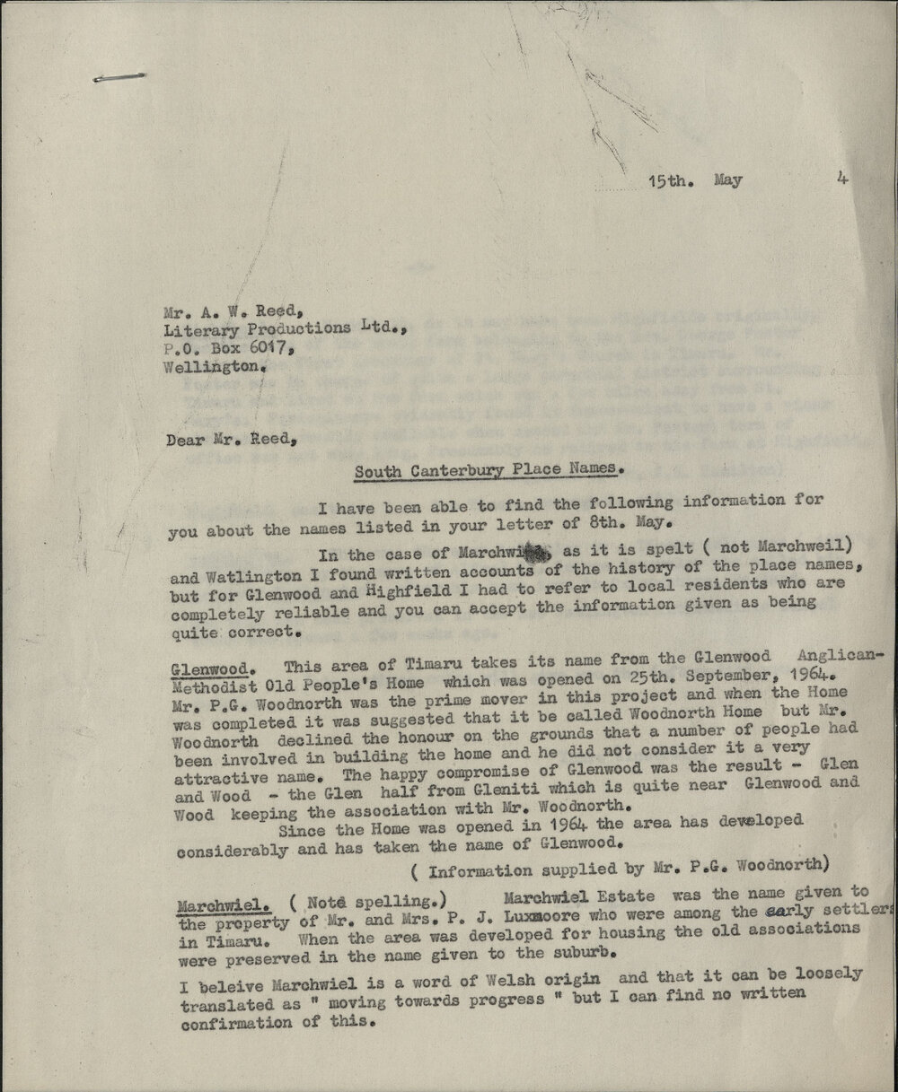 South Canterbury Place Names letter