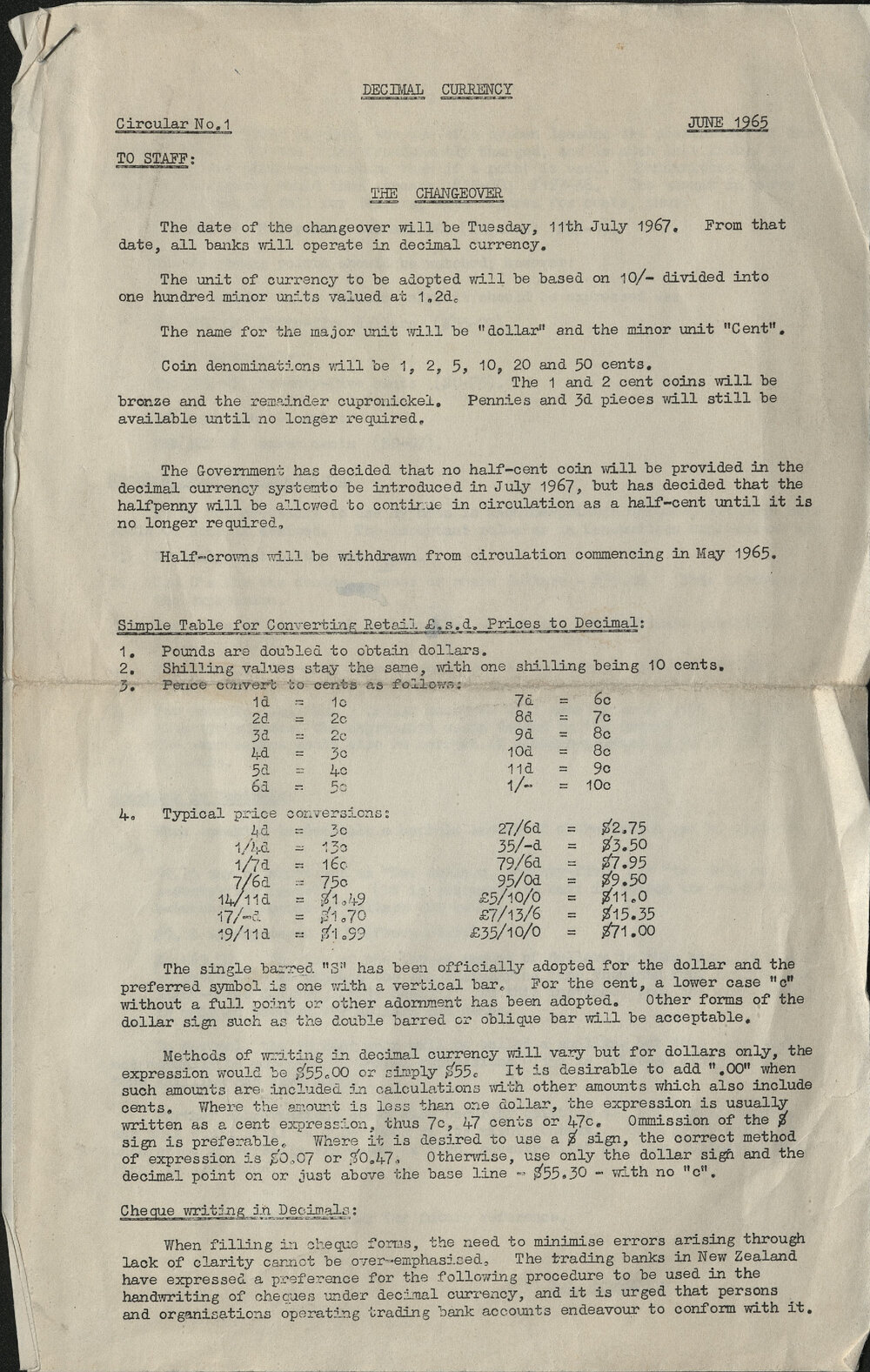 Decimal Currency Circular No 1