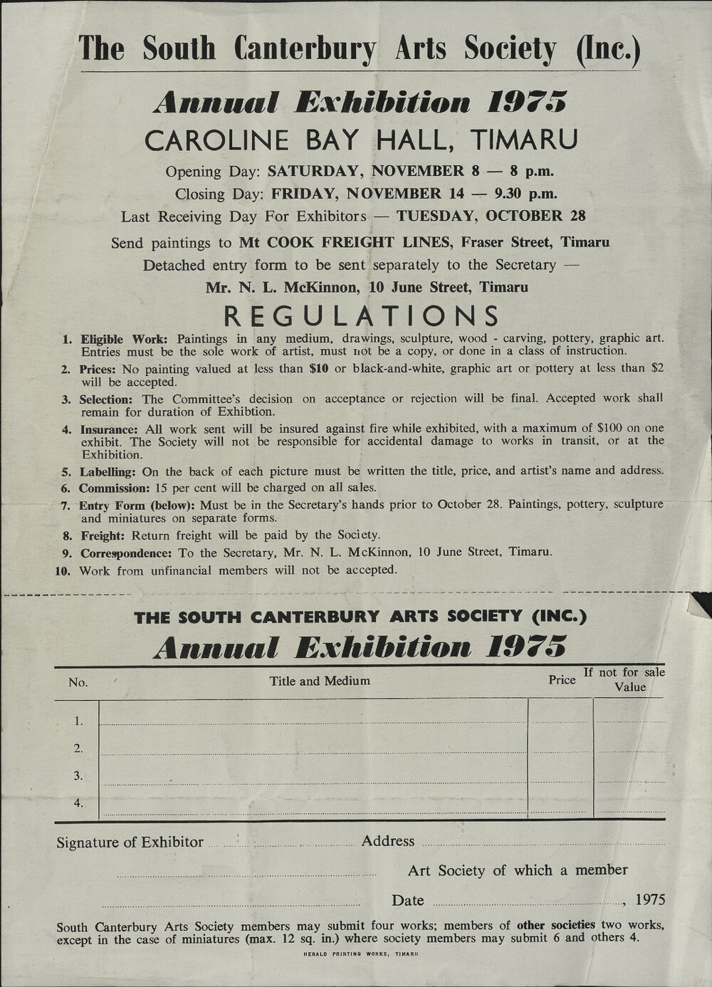 The South Canterbury Arts Society Annual Exhibition 1975 Regulations and Entry Form