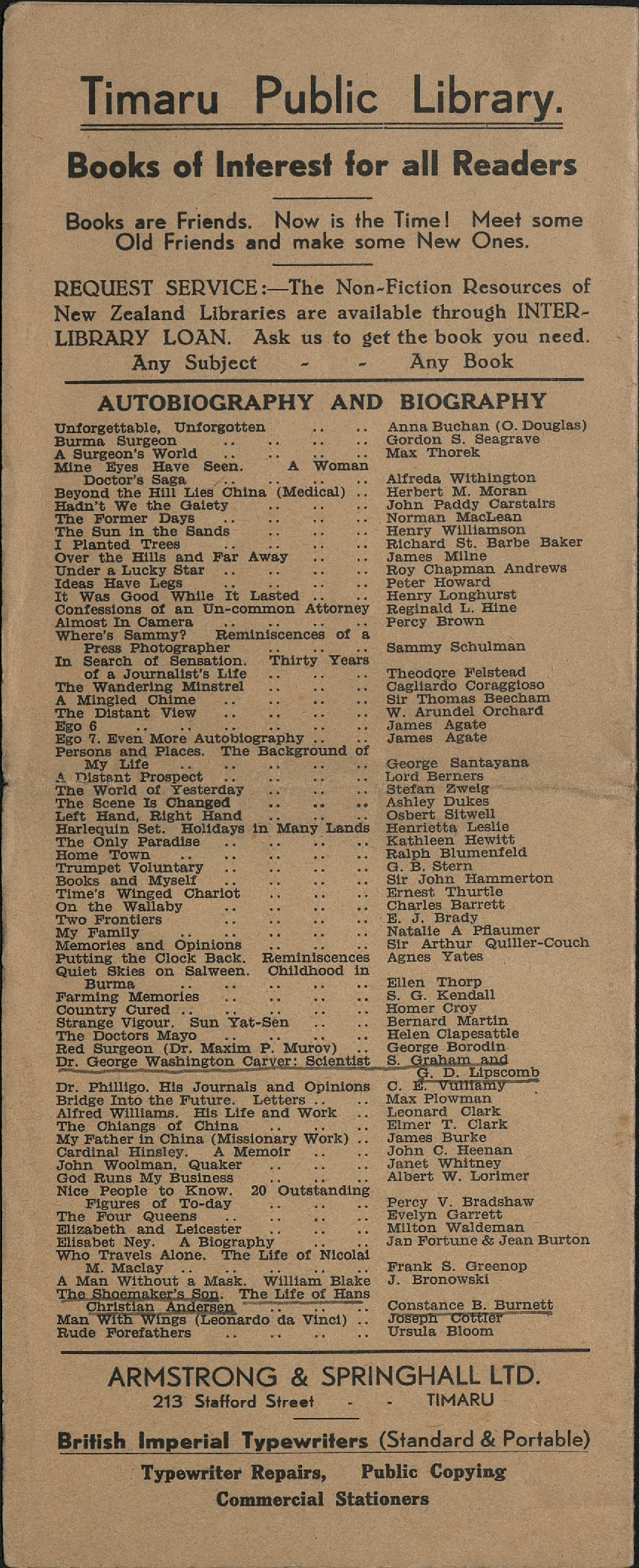 Timaru Public Library Books of Interest for all Readers pamphlet