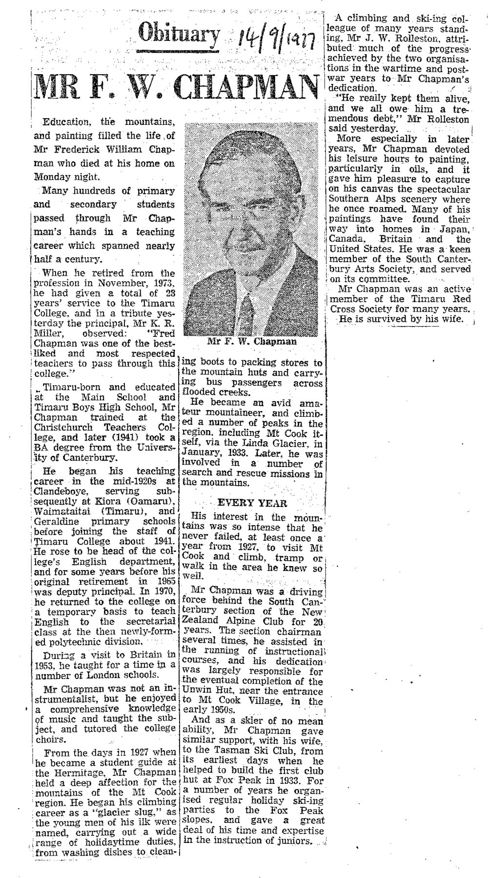 Obituary: Mr F W Chapman
