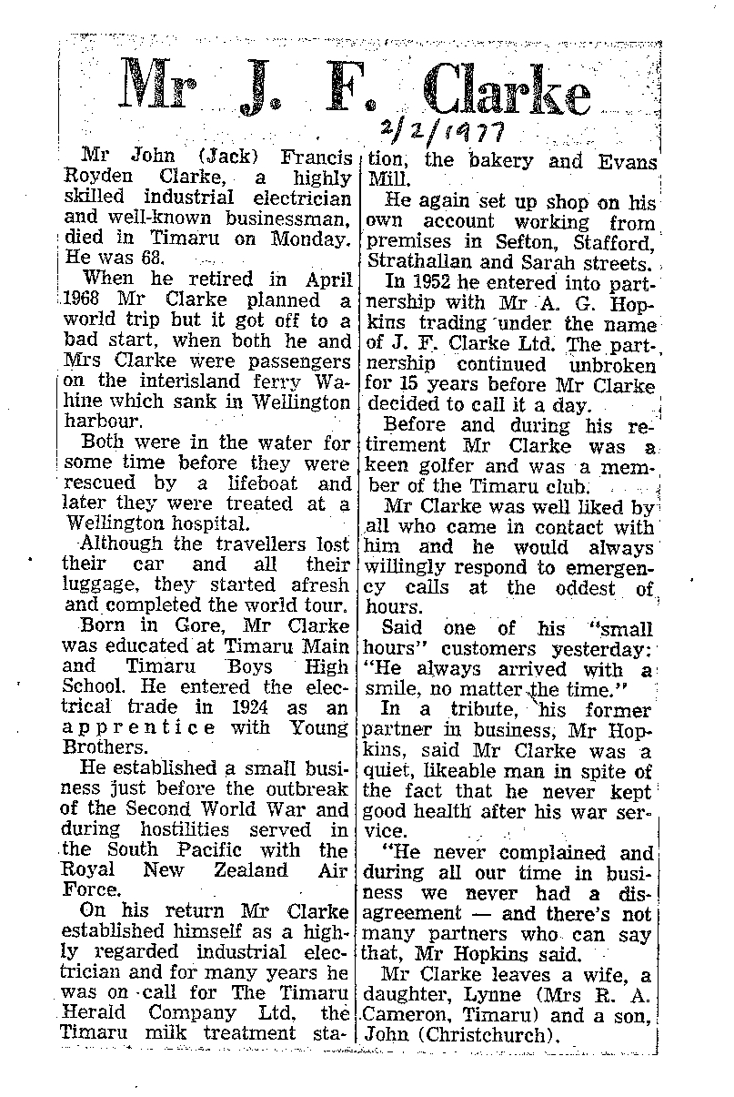 Obituary: Mr J F Clarke