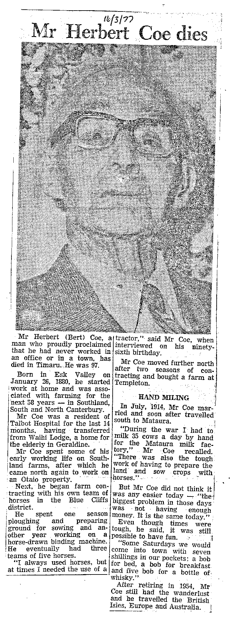 Obituary: Mr Herbert Coe dies