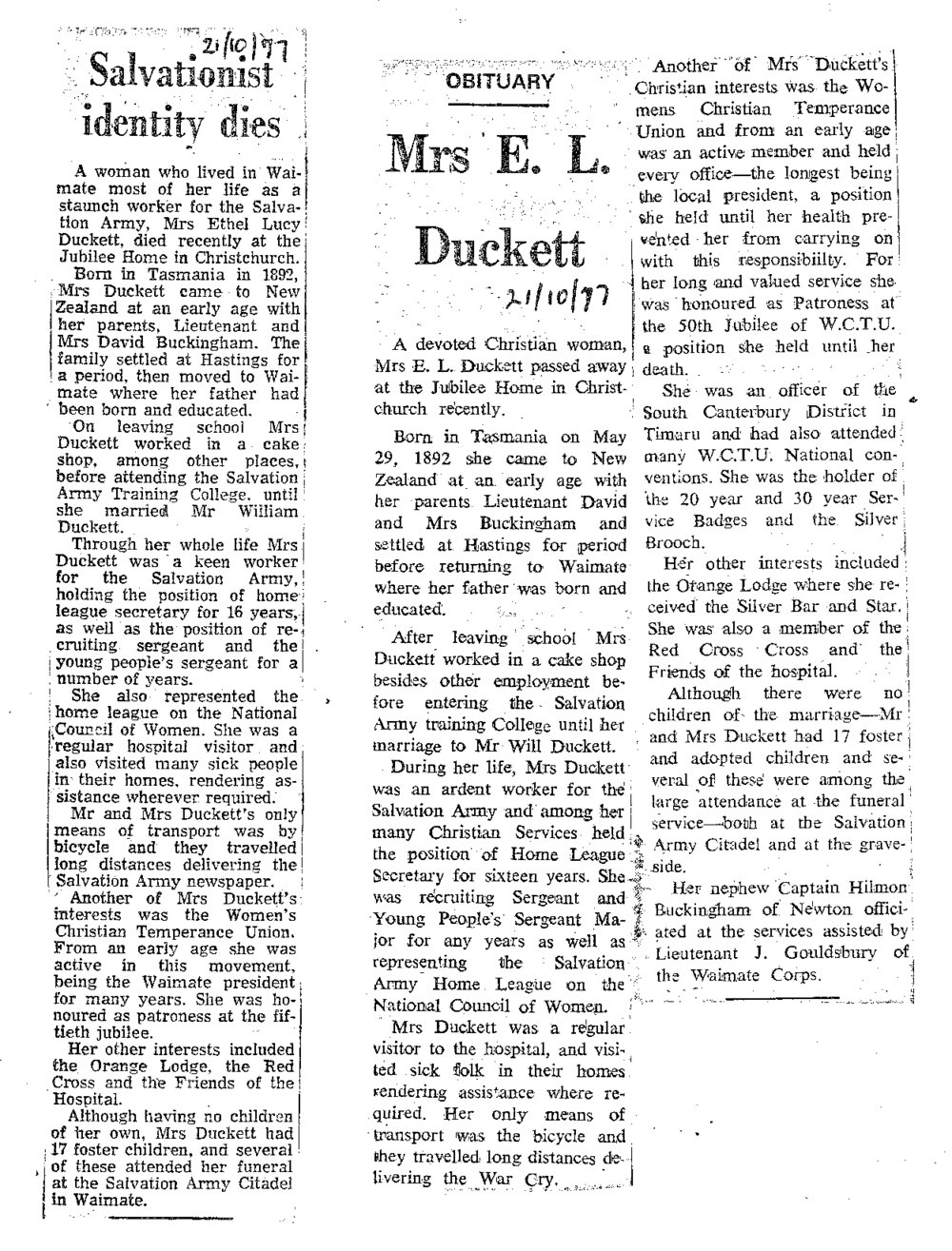 Obituary: Mrs E L Duckett, Salvationist identity dies