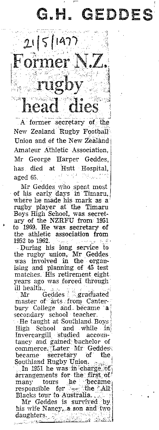 Obituary: Mr G H Geddes, Former NZ rugby head dies