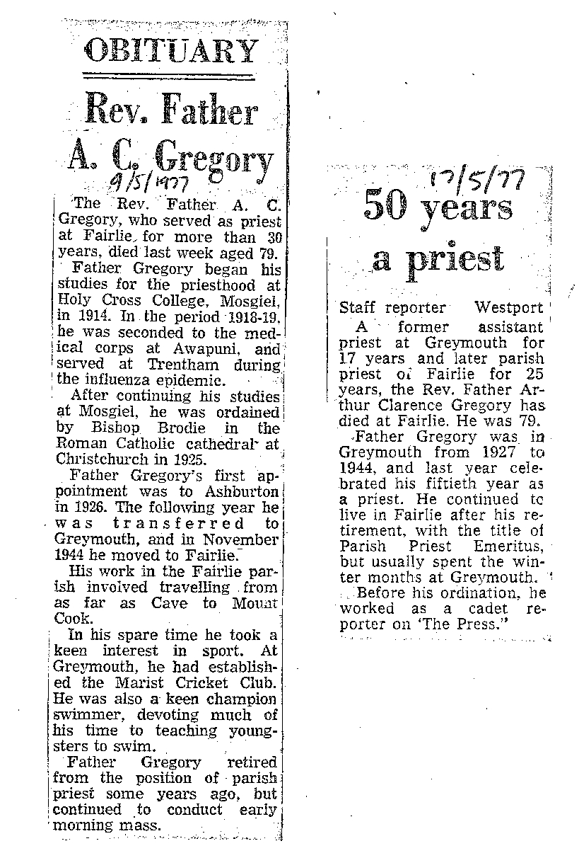 Obituary: Rev Father A C Gregory, 50 years a priest