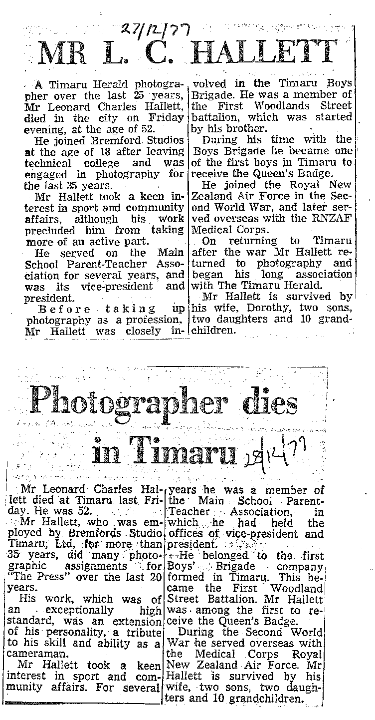 Obituary: Mr L C Hallett, Photographer dies in Timaru