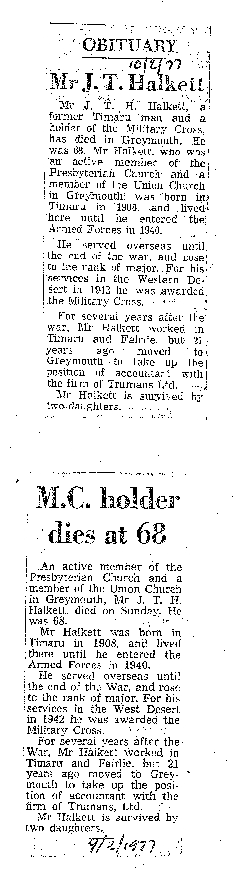 Obituary: Mr J T Halkett, MC holder dies at 68