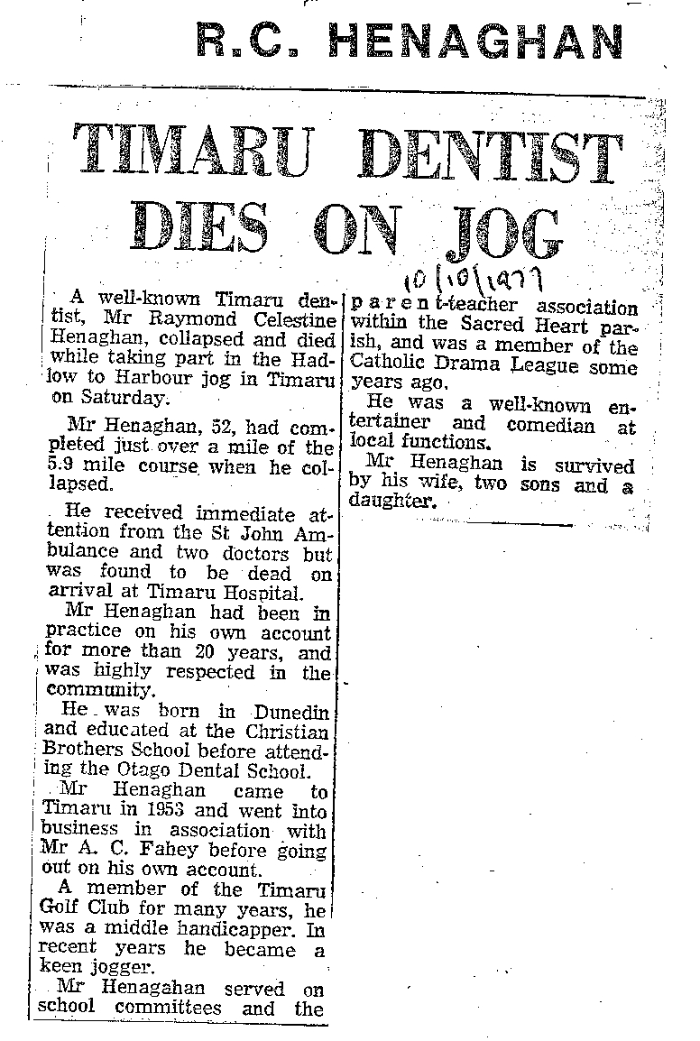 Obituary: R C Henaghan, Timaru dentist dies on jog