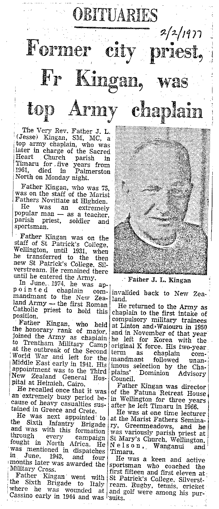 Obituary: Rev Father J L Kingan, Former city priest, Fr Kingan was top army chaplain