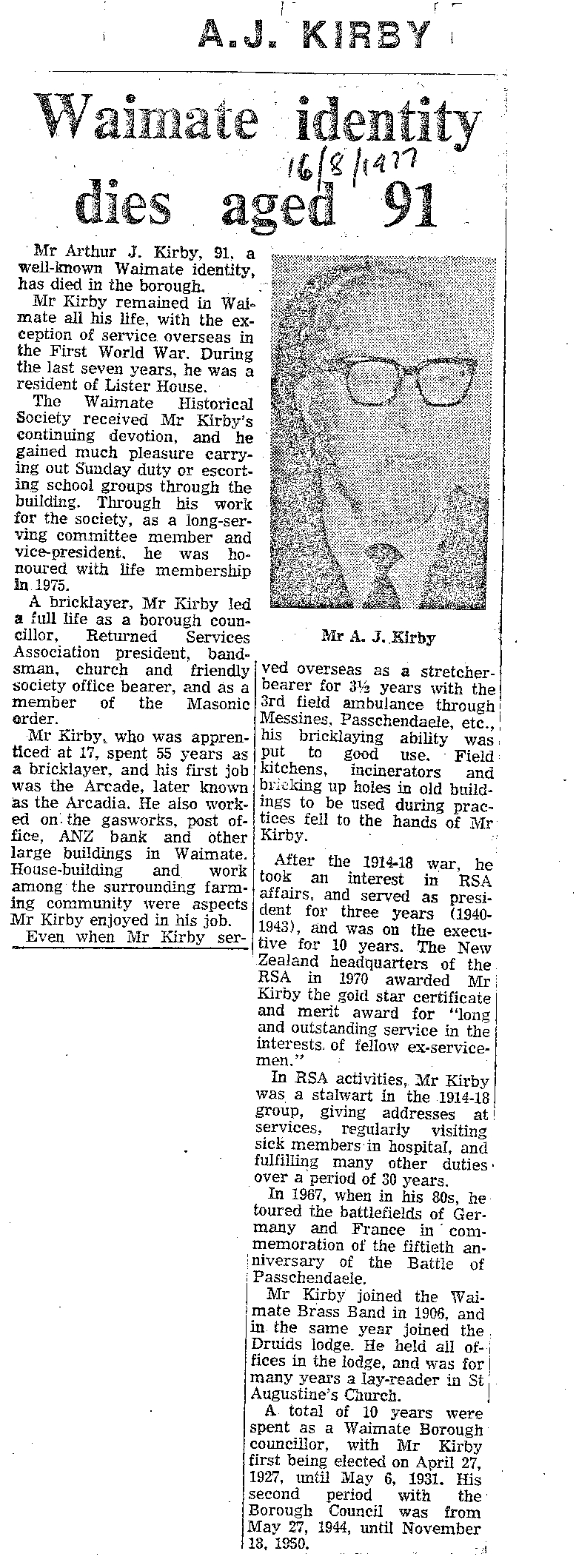 Obituary: A J Kirby, Waimate identity dies aged 91
