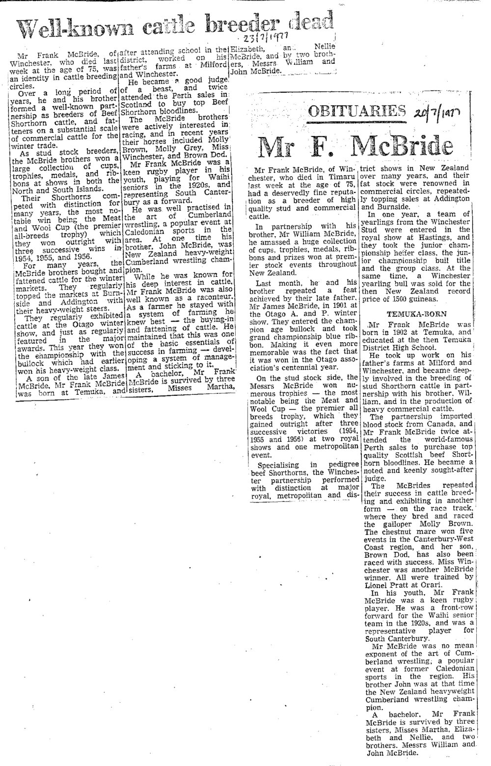 Obituary: Mr F McBride, Well-known cattle breeder dead