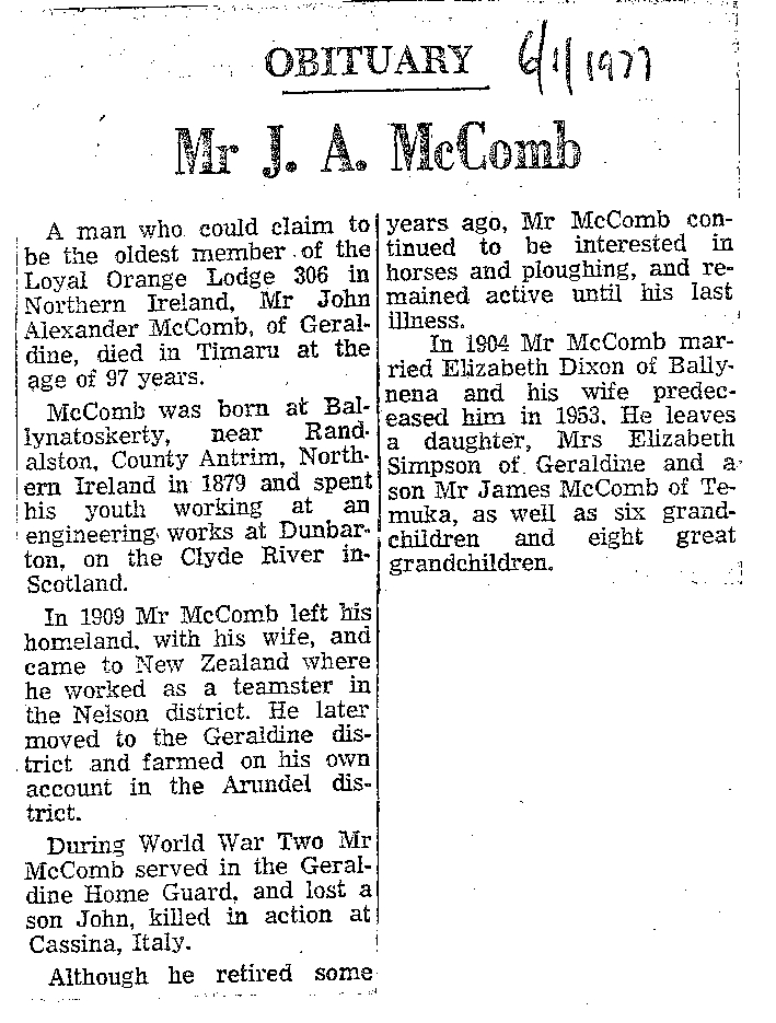 Obituary: Mr J A McComb