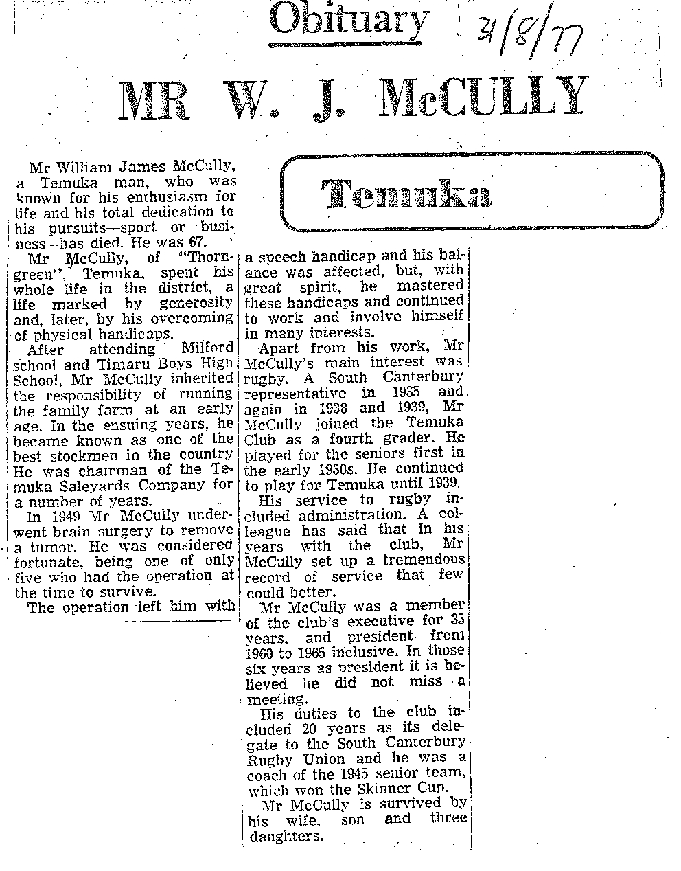 Obituary: Mr W J McCully