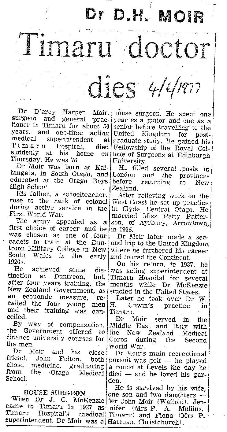 Obituary: Dr D H Moir, Timaru doctor dies