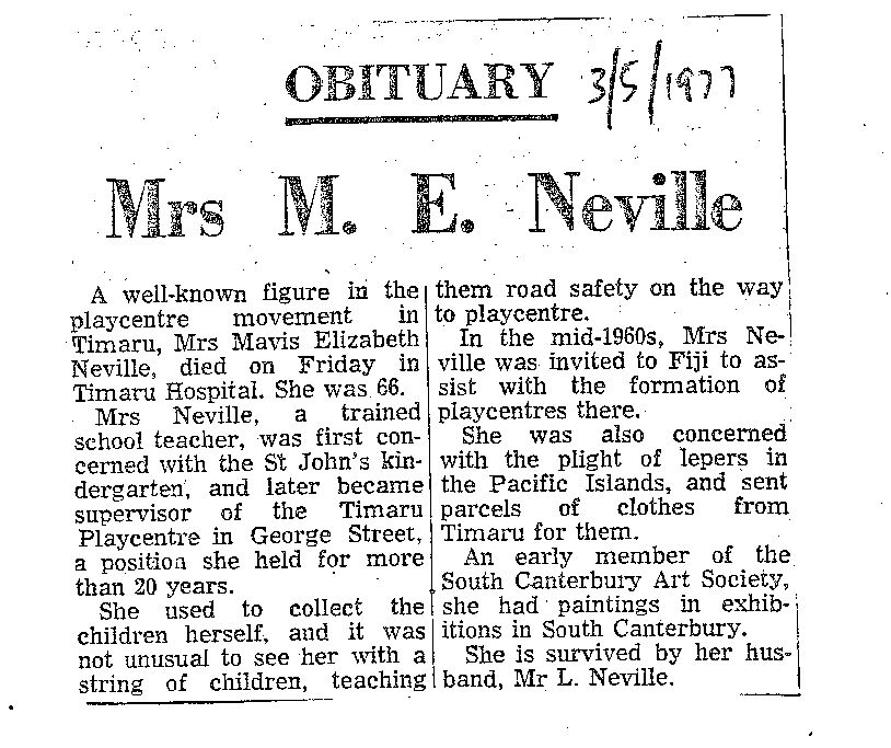 Obituary: Mrs M E Neville