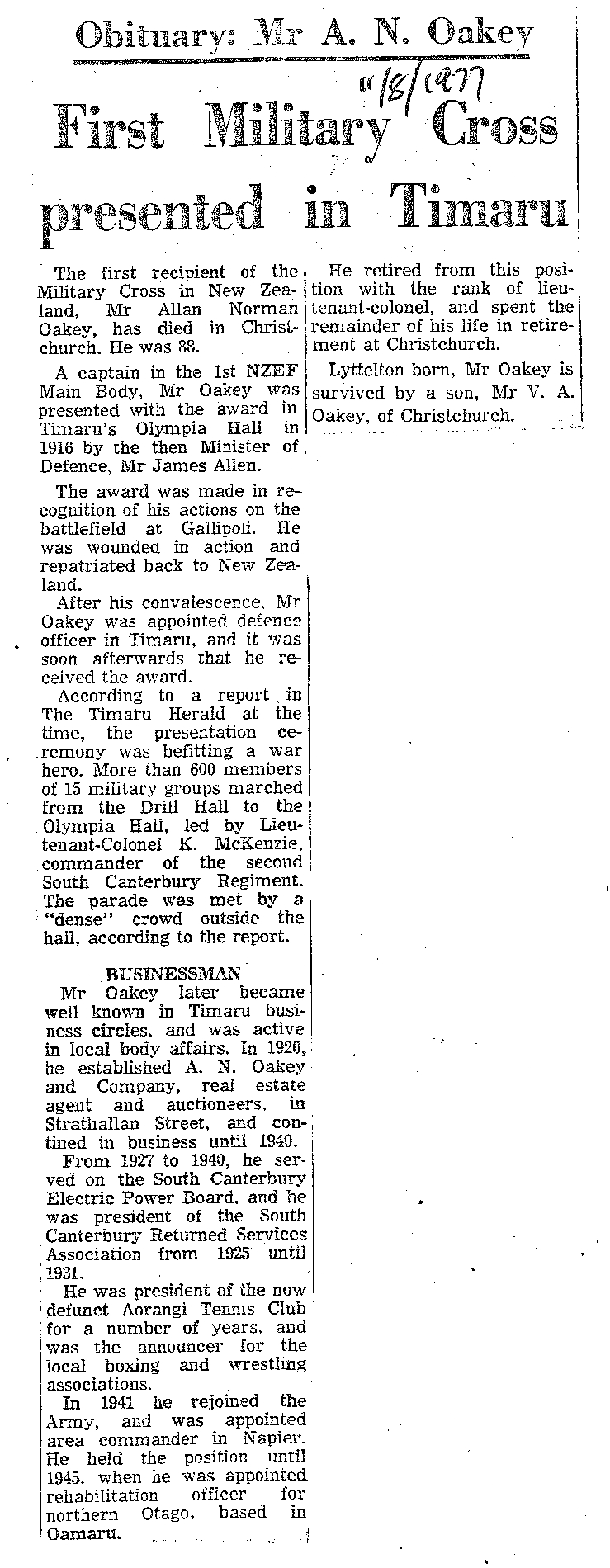 Obituary: Mr A N Oakey, First military cross presented in Timaru