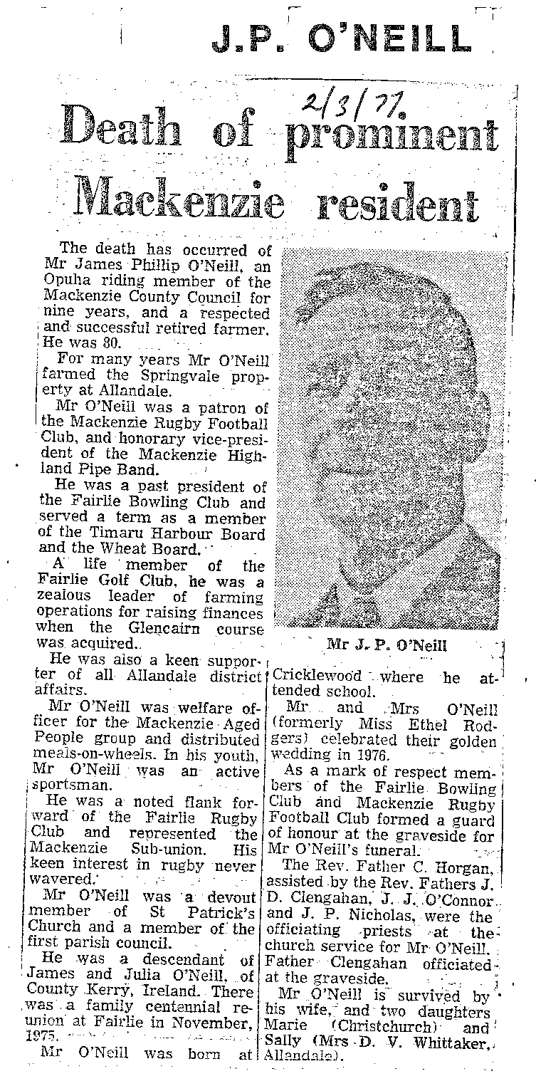 Obituary: J P O'Neill, Death of prominent Mackenzie resident