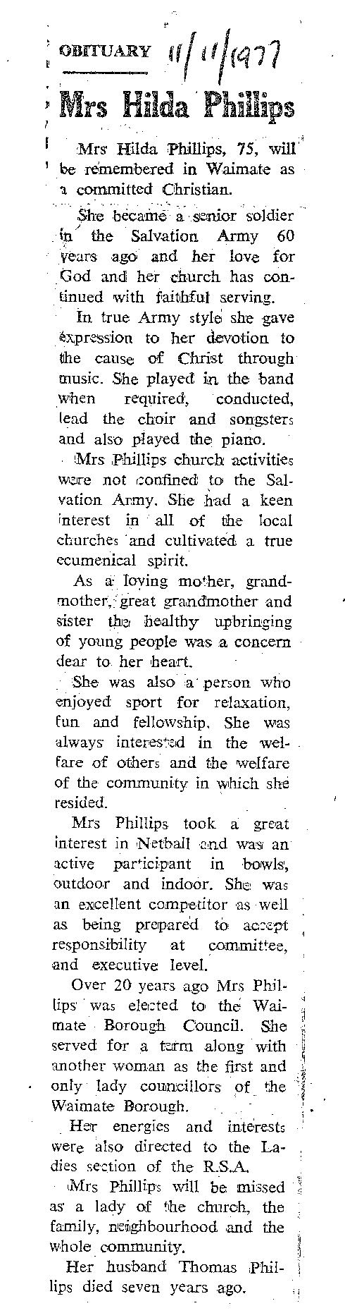 Obituary: Mrs Hilda Phillips