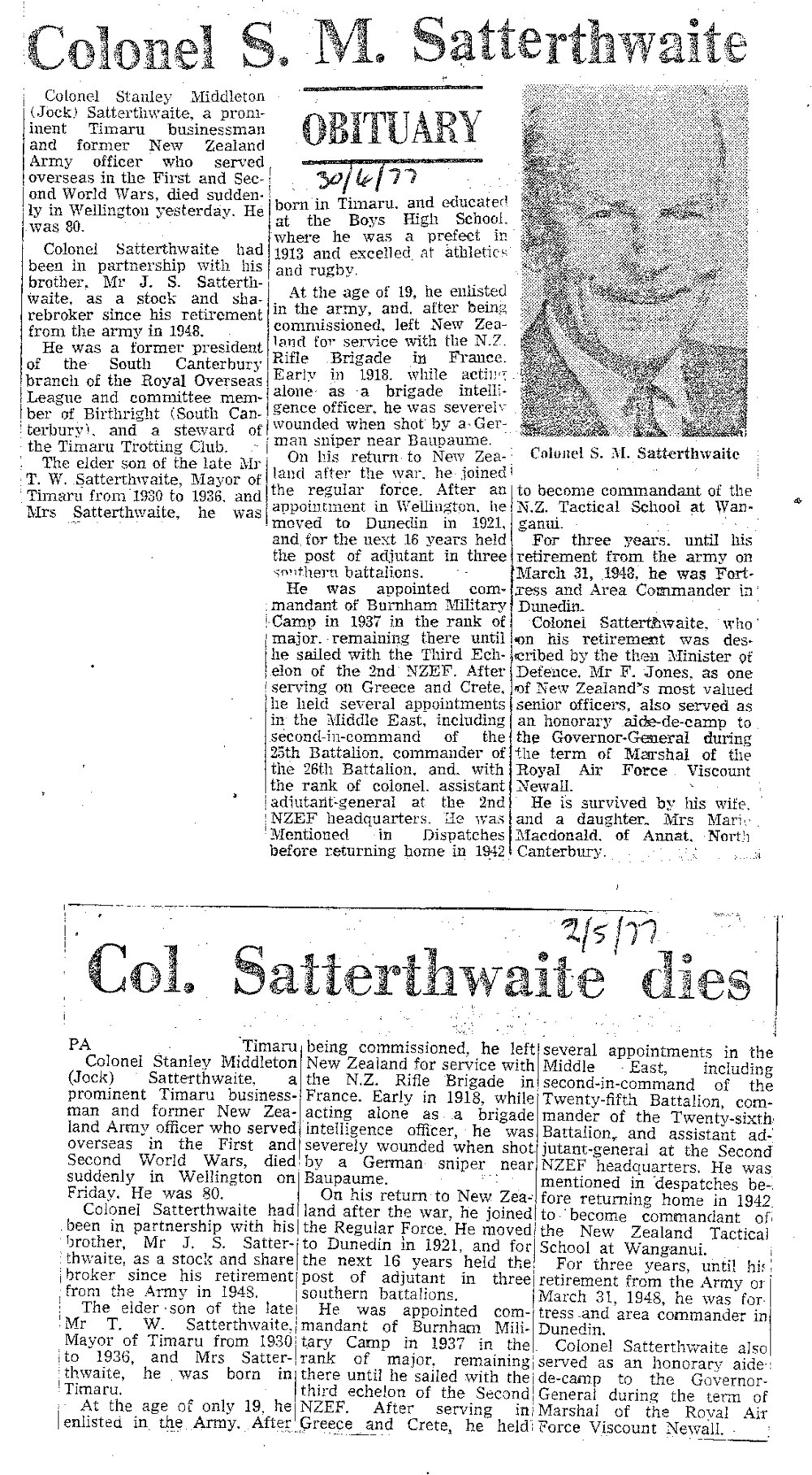 Obituary: Colonel S M Satterthwaite