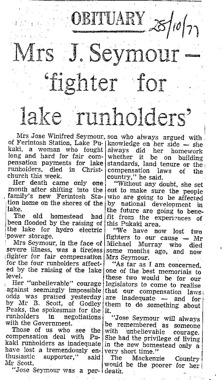 Obituary: Mrs J Seymour, 'Fighter for lake runholders'