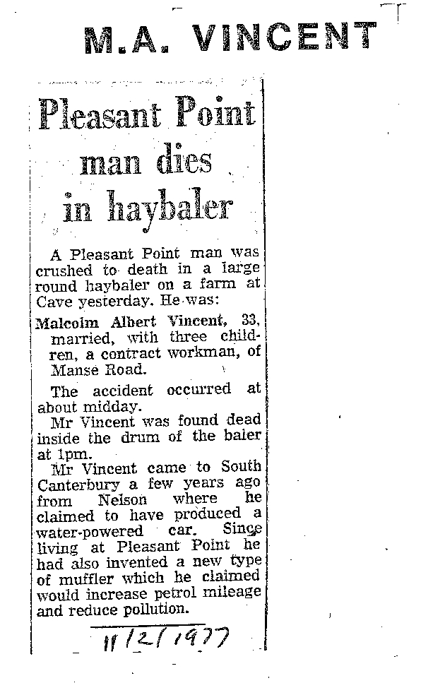Obituary: M A Vincent, Pleasant Point man dies in haybaler