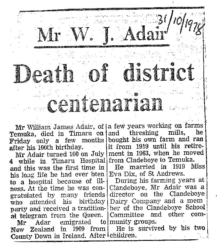 Obituary: Mr W J Adair, Death of district centenarian
