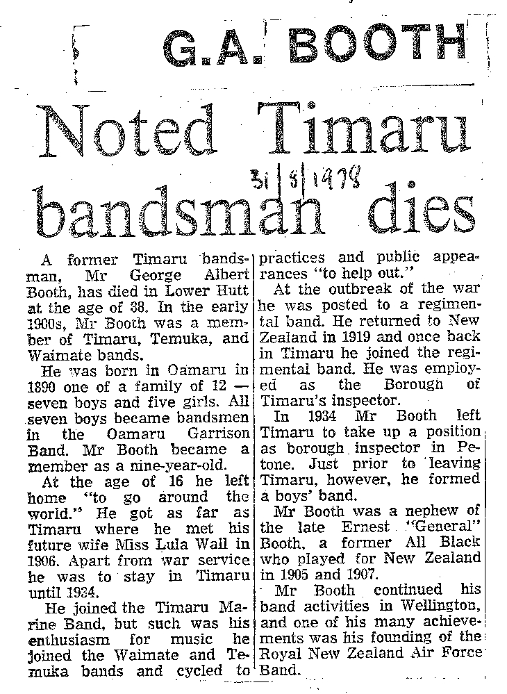 Obituary: G A Booth, Noted Timaru bandsman dies
