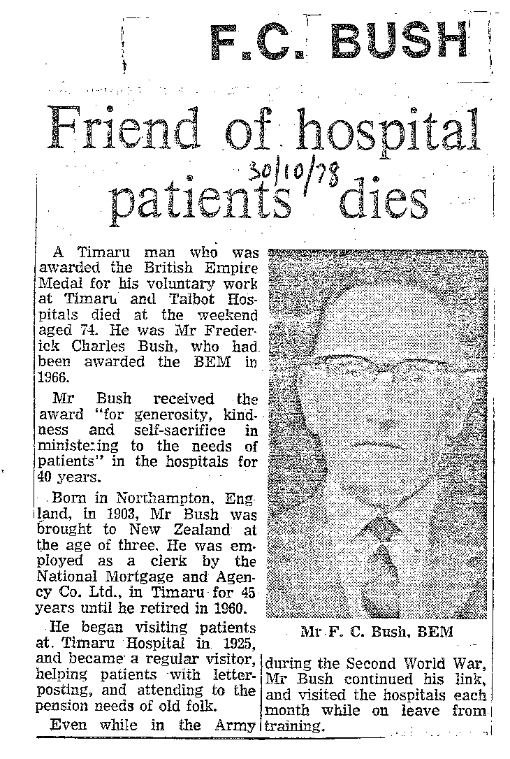 Obituary: F C Bush, Friend of hospital patients dies