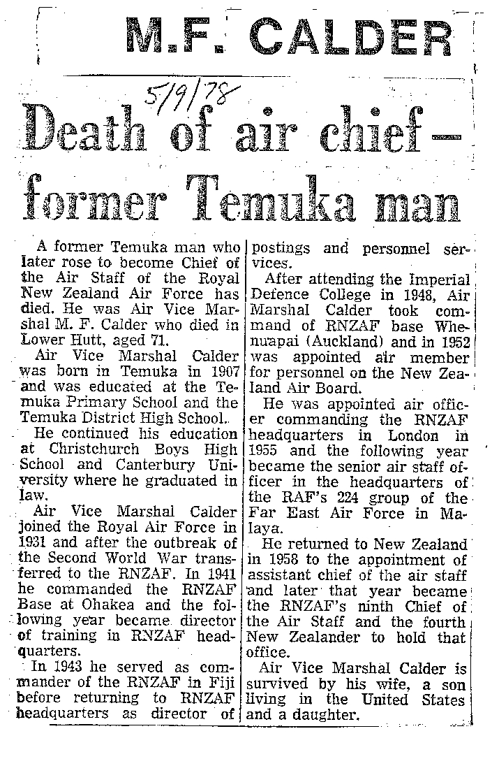 Obituary: M F Calder, Death of air chief- former Temuka man