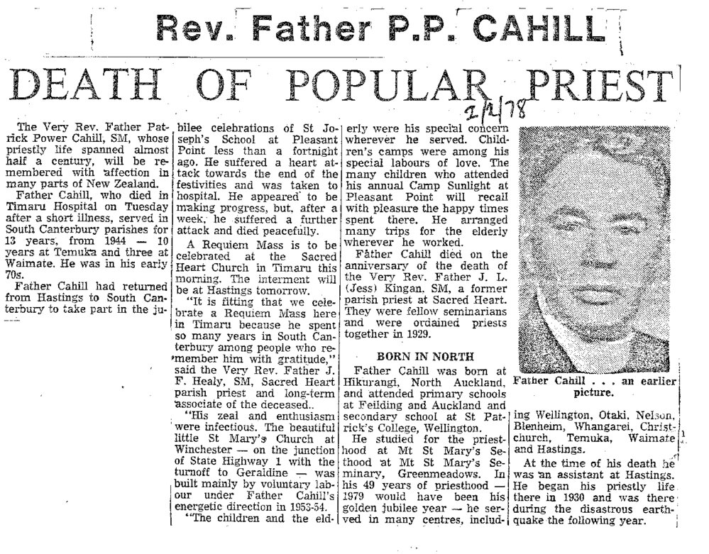 Obituary: Rev Father P P Cahill, Death of popular priest