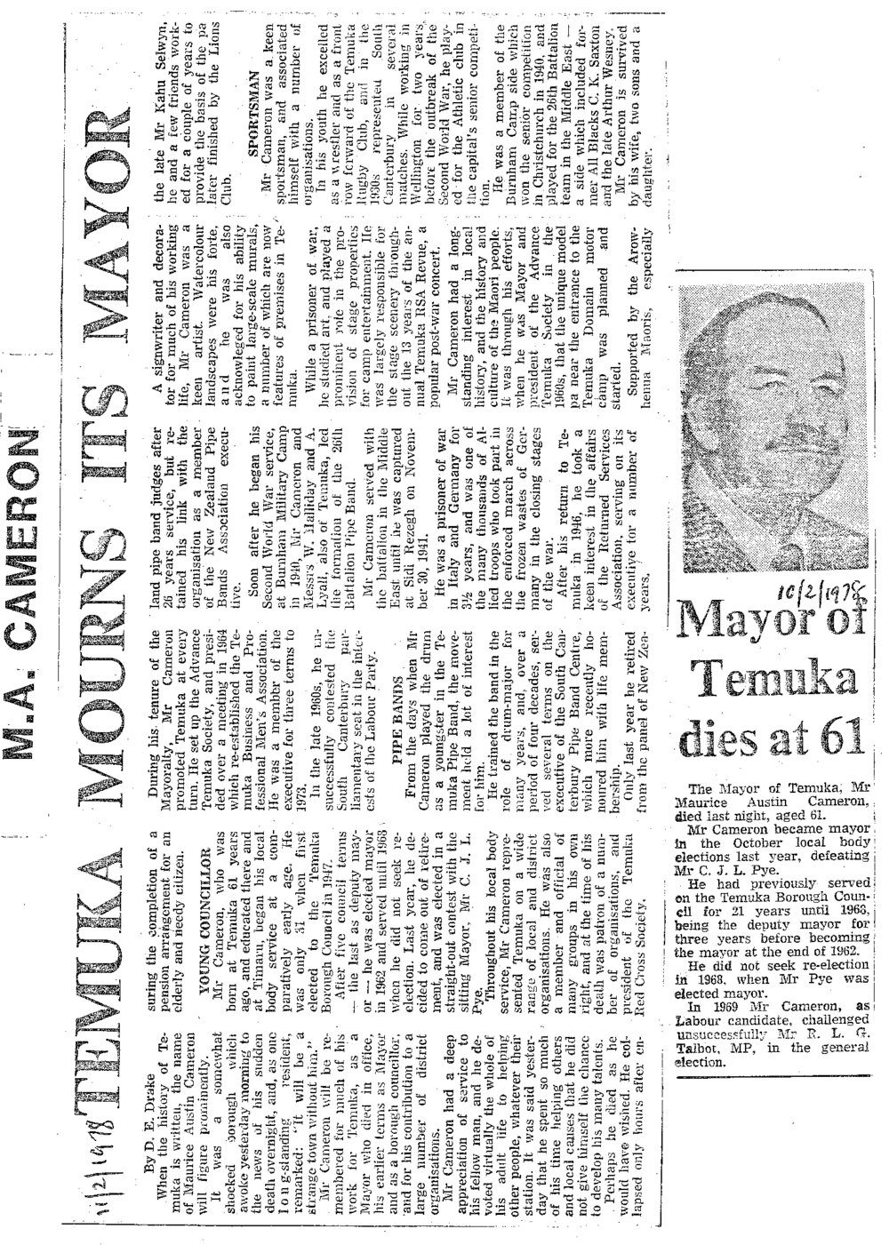 Obituary: M A Cameron, Temuka mourns its mayor