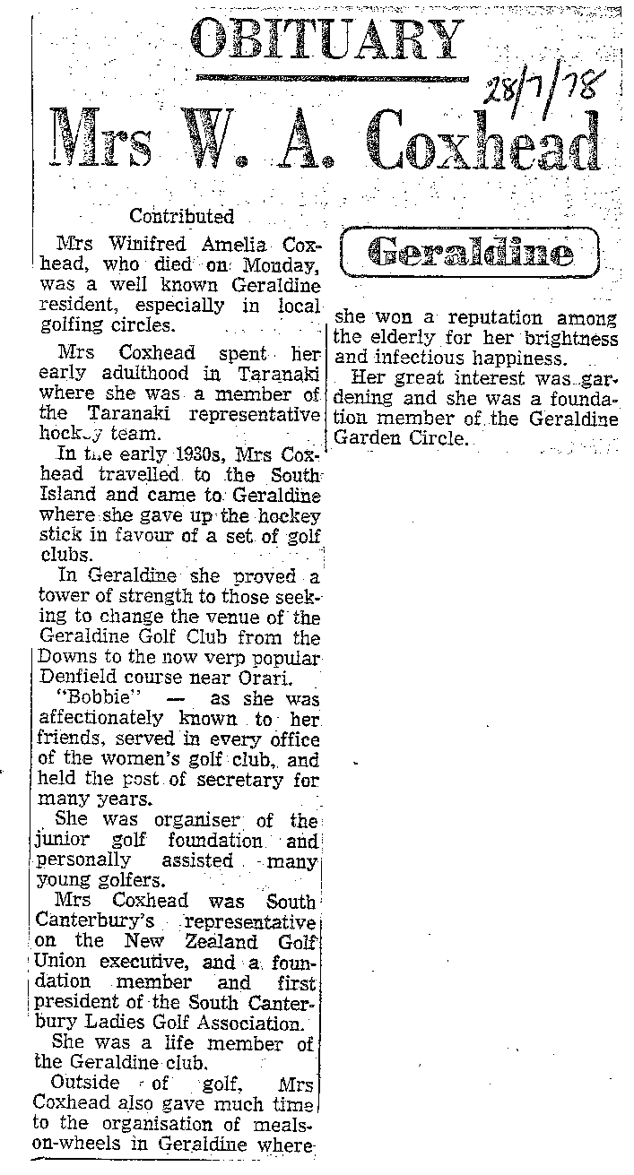 Obituary: Mrs W A Coxhead