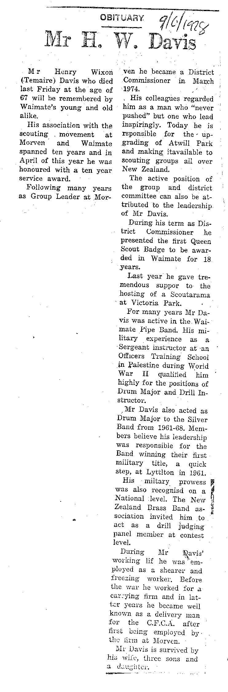 Obituary: Mr H W Davis